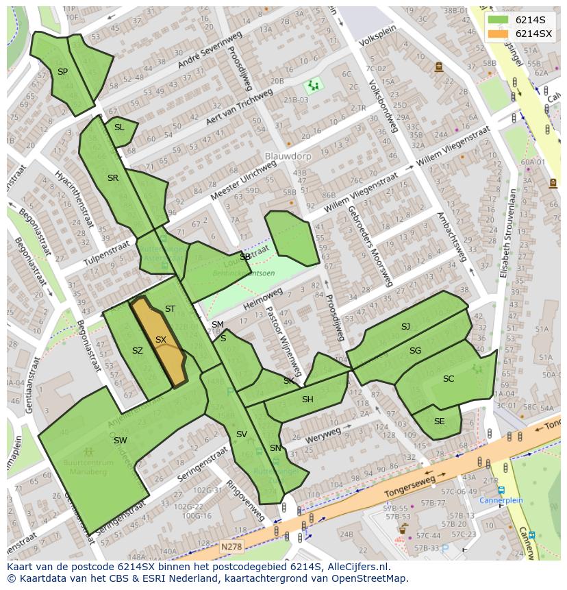 Afbeelding van het postcodegebied 6214 SX op de kaart.