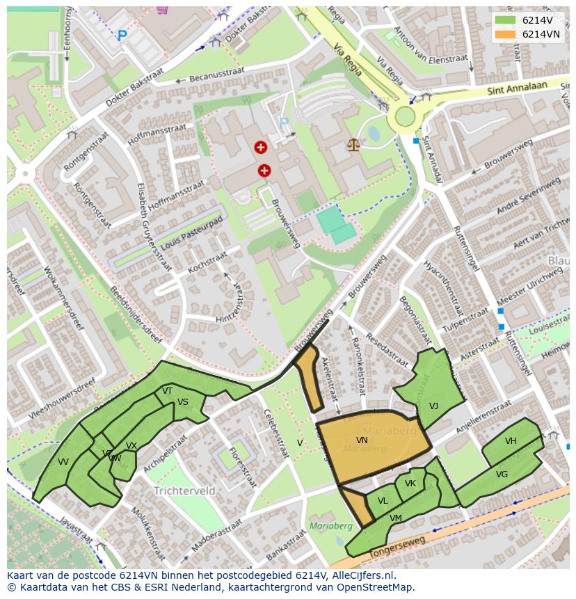 Afbeelding van het postcodegebied 6214 VN op de kaart.