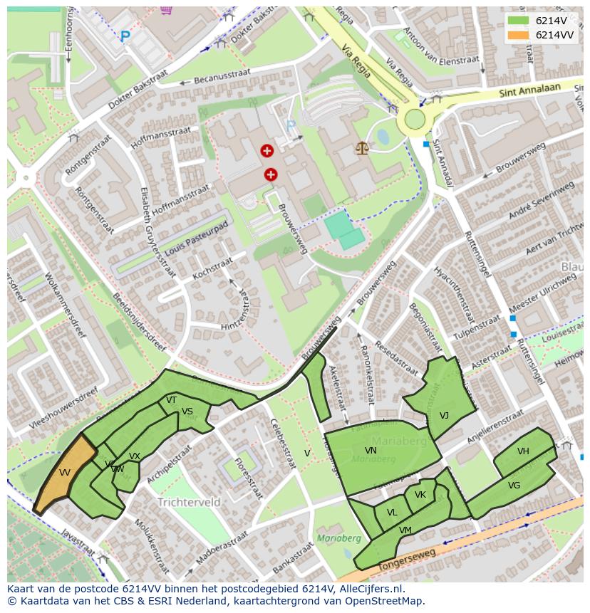 Afbeelding van het postcodegebied 6214 VV op de kaart.