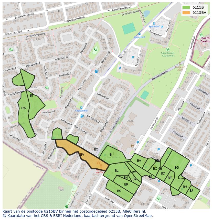 Afbeelding van het postcodegebied 6215 BV op de kaart.