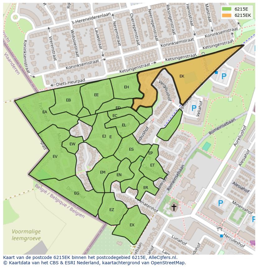 Afbeelding van het postcodegebied 6215 EK op de kaart.