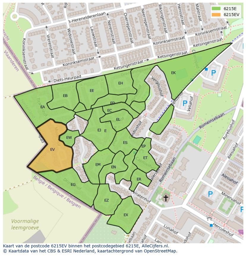 Afbeelding van het postcodegebied 6215 EV op de kaart.