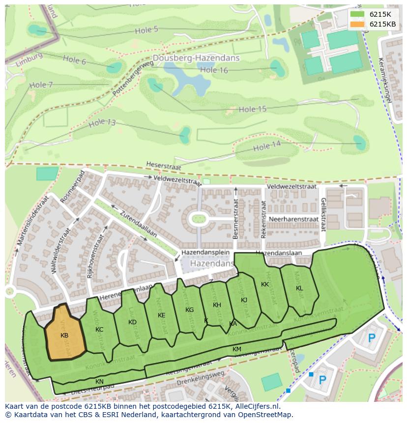 Afbeelding van het postcodegebied 6215 KB op de kaart.