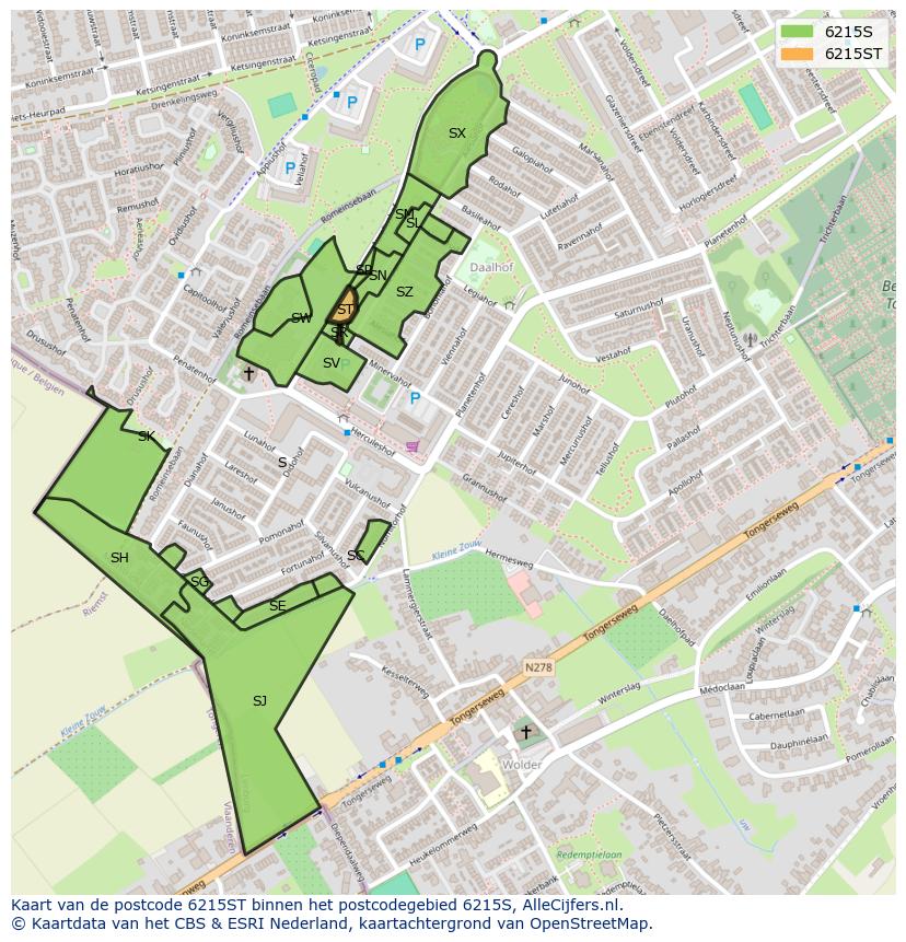 Afbeelding van het postcodegebied 6215 ST op de kaart.