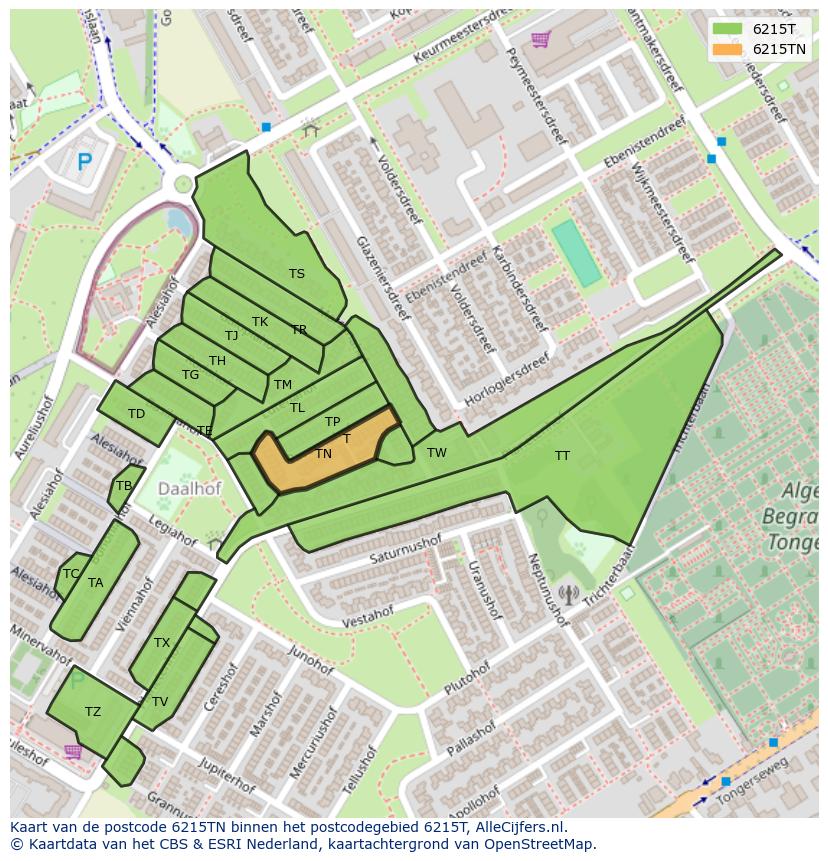 Afbeelding van het postcodegebied 6215 TN op de kaart.