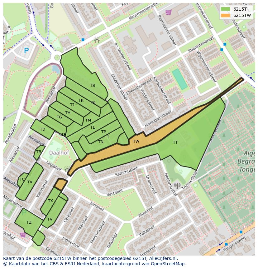 Afbeelding van het postcodegebied 6215 TW op de kaart.