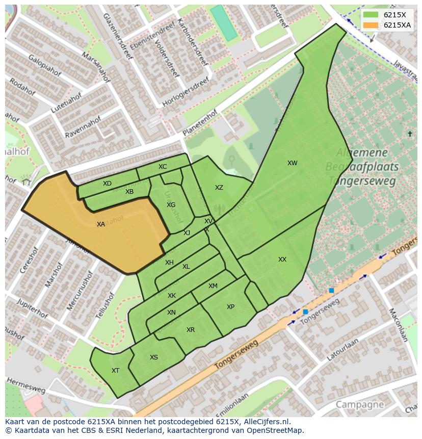 Afbeelding van het postcodegebied 6215 XA op de kaart.