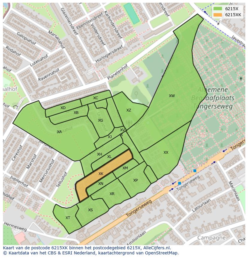 Afbeelding van het postcodegebied 6215 XK op de kaart.