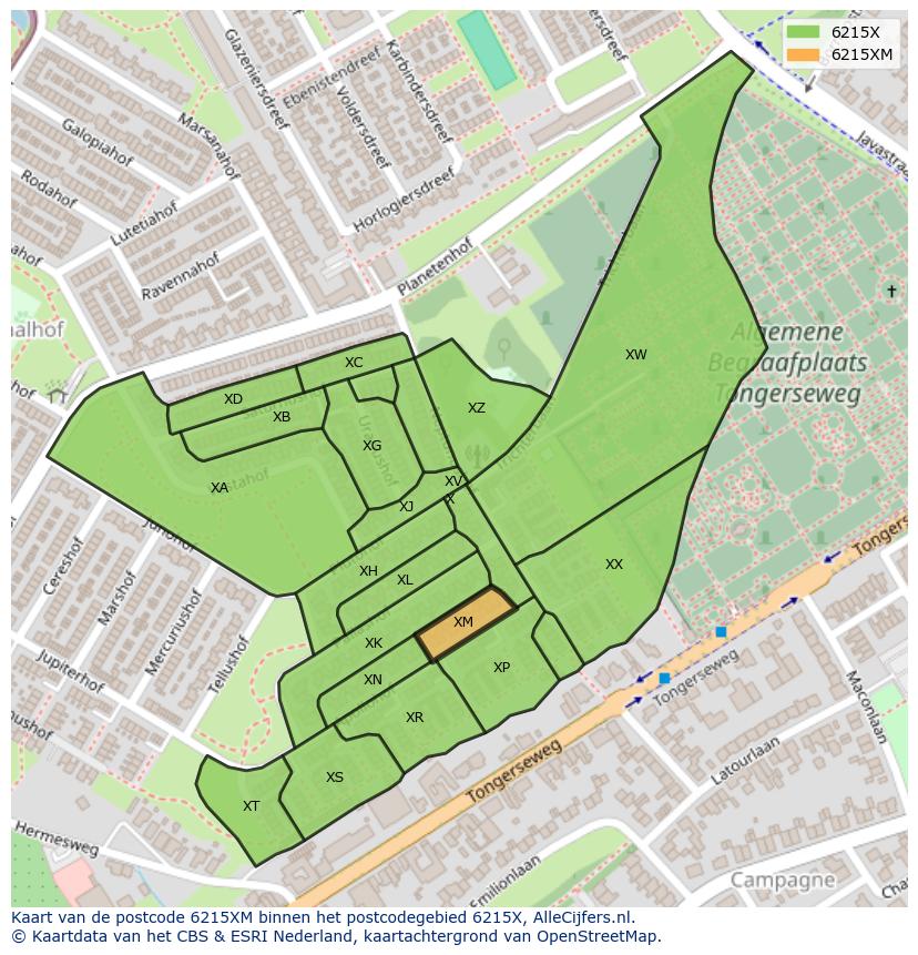 Afbeelding van het postcodegebied 6215 XM op de kaart.