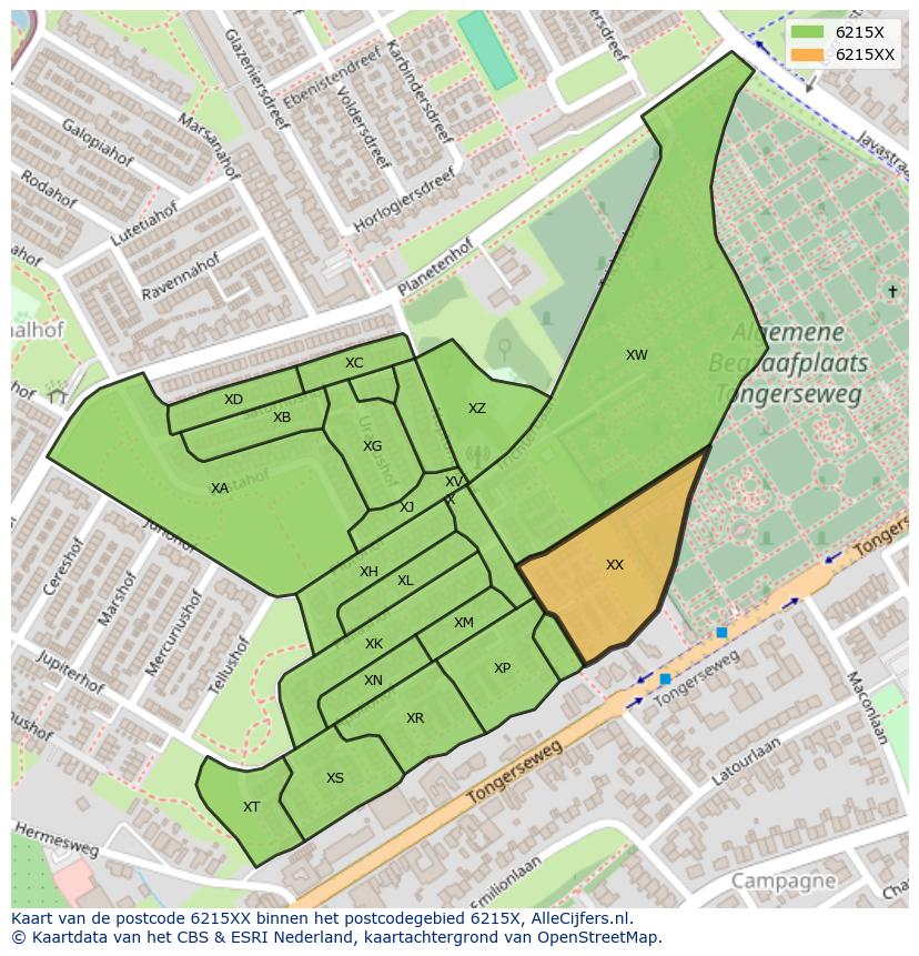 Afbeelding van het postcodegebied 6215 XX op de kaart.