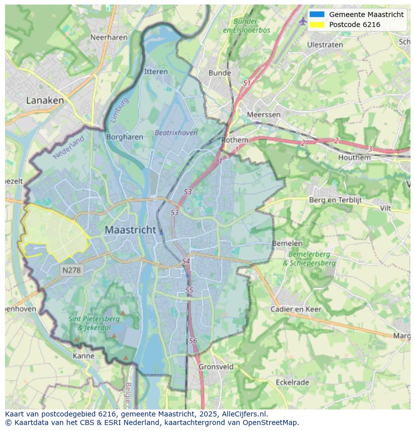 Afbeelding van het postcodegebied 6216 op de kaart.