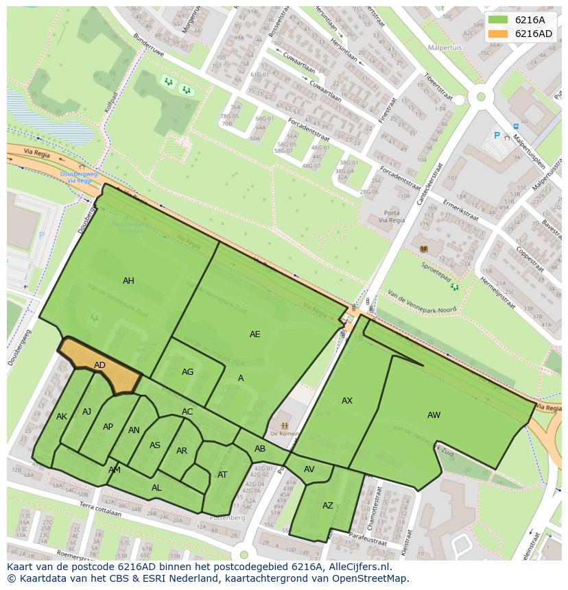 Afbeelding van het postcodegebied 6216 AD op de kaart.