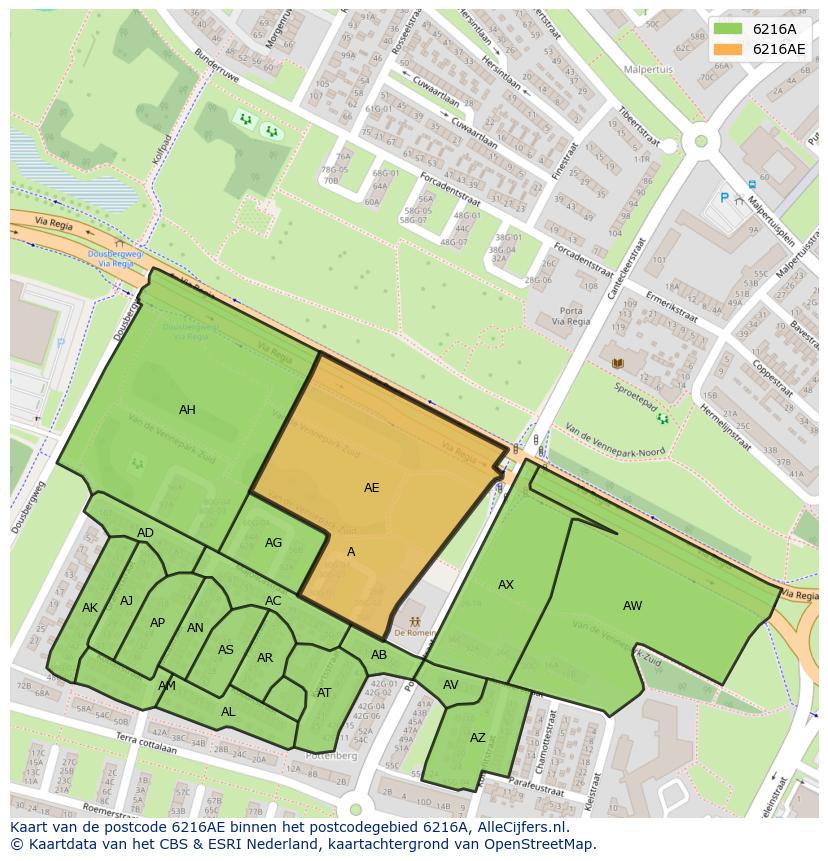 Afbeelding van het postcodegebied 6216 AE op de kaart.