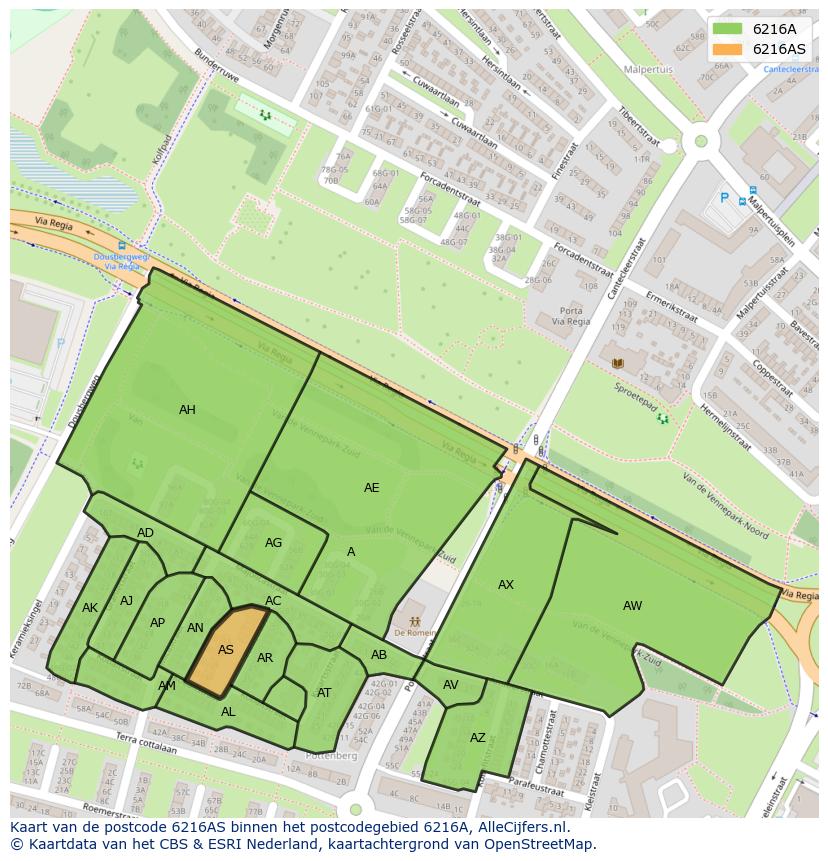 Afbeelding van het postcodegebied 6216 AS op de kaart.