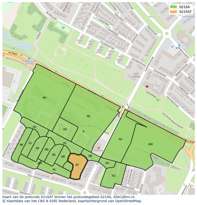 Afbeelding van het postcodegebied 6216 AT op de kaart.