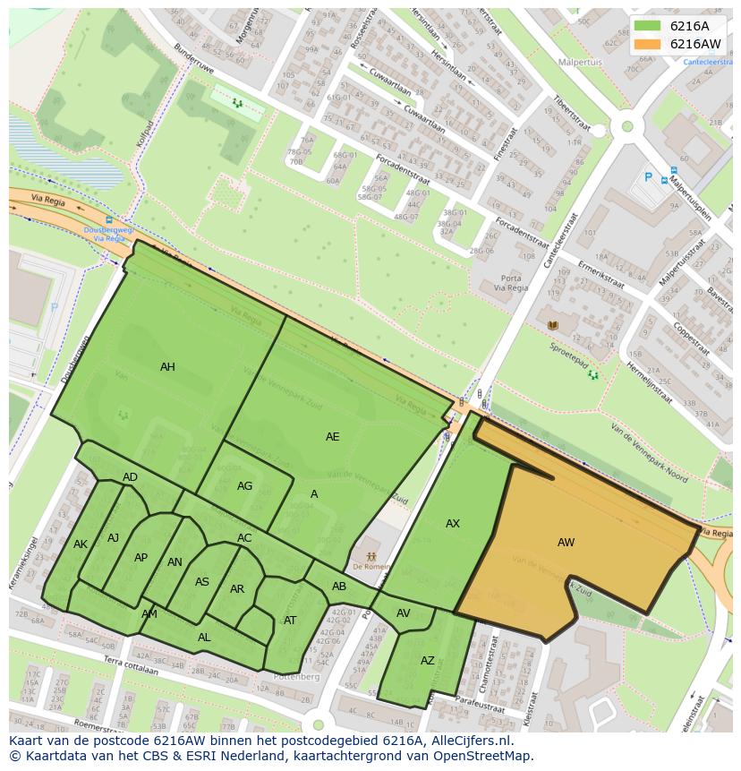 Afbeelding van het postcodegebied 6216 AW op de kaart.