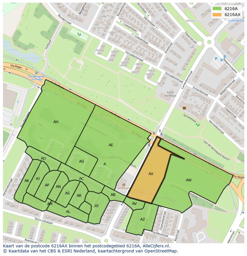 Afbeelding van het postcodegebied 6216 AX op de kaart.