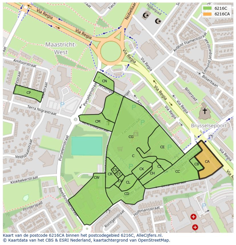 Afbeelding van het postcodegebied 6216 CA op de kaart.