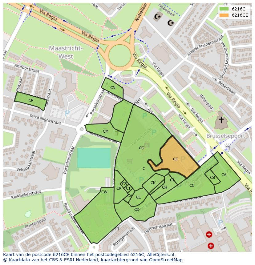Afbeelding van het postcodegebied 6216 CE op de kaart.