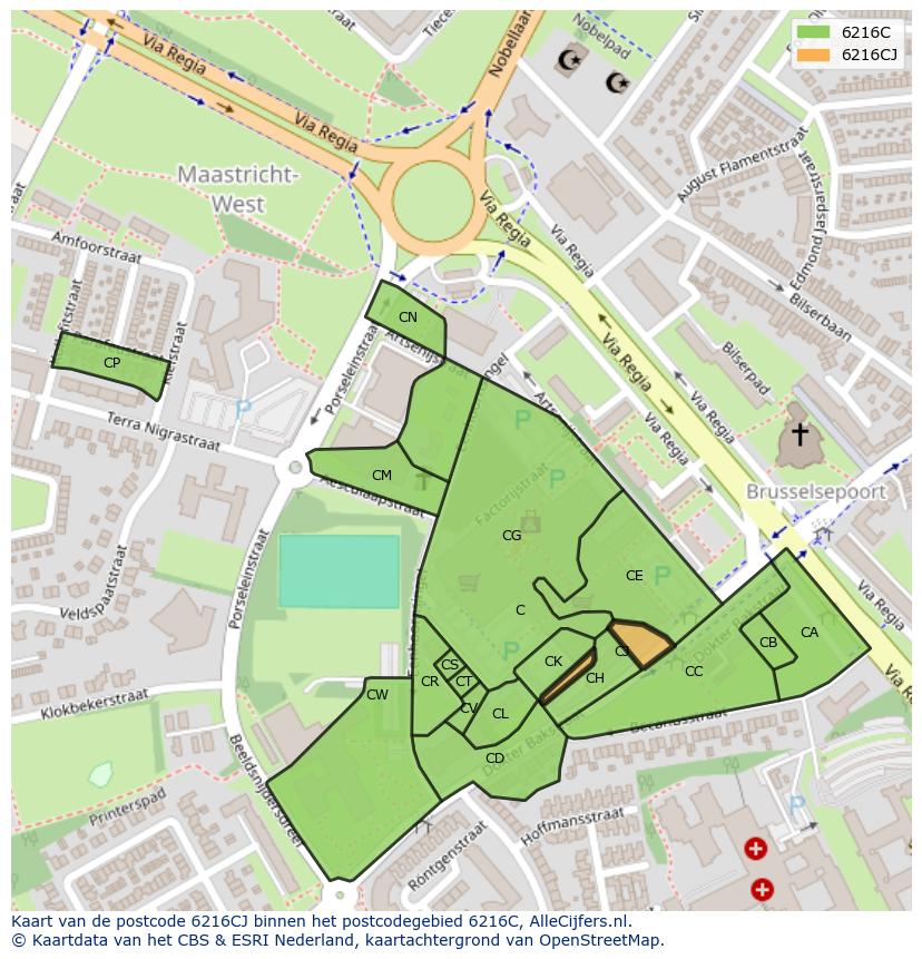 Afbeelding van het postcodegebied 6216 CJ op de kaart.