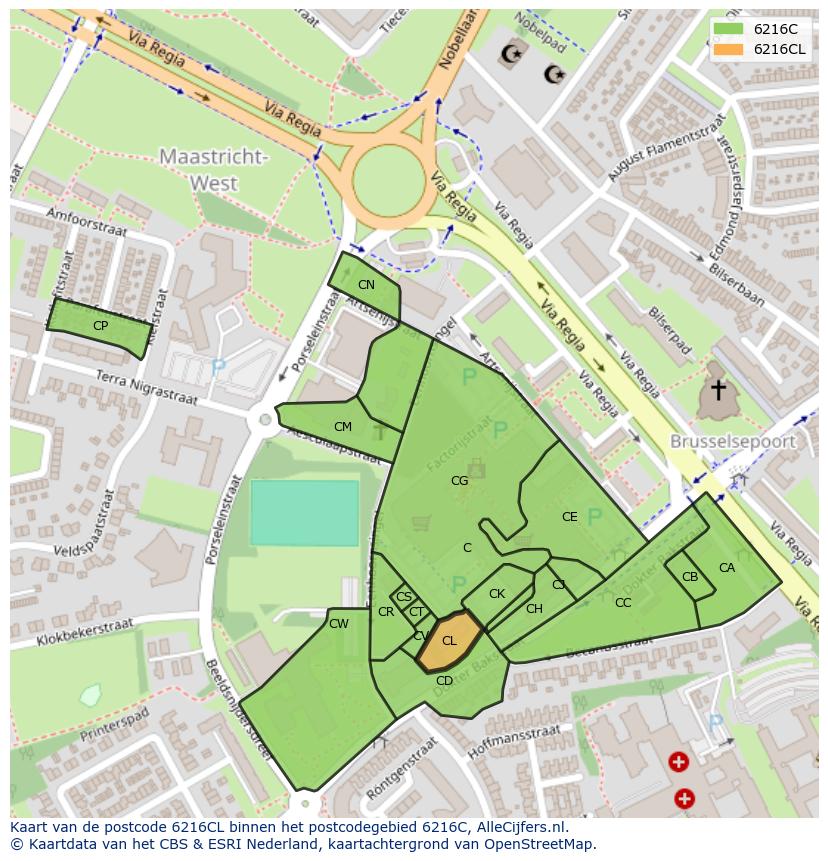 Afbeelding van het postcodegebied 6216 CL op de kaart.