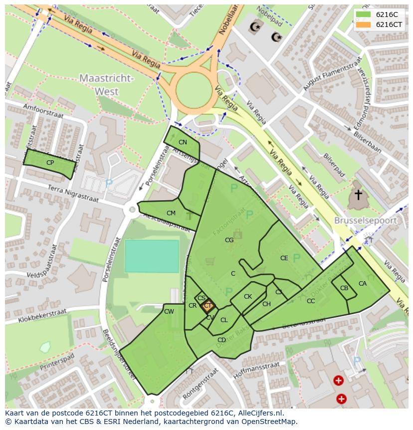 Afbeelding van het postcodegebied 6216 CT op de kaart.