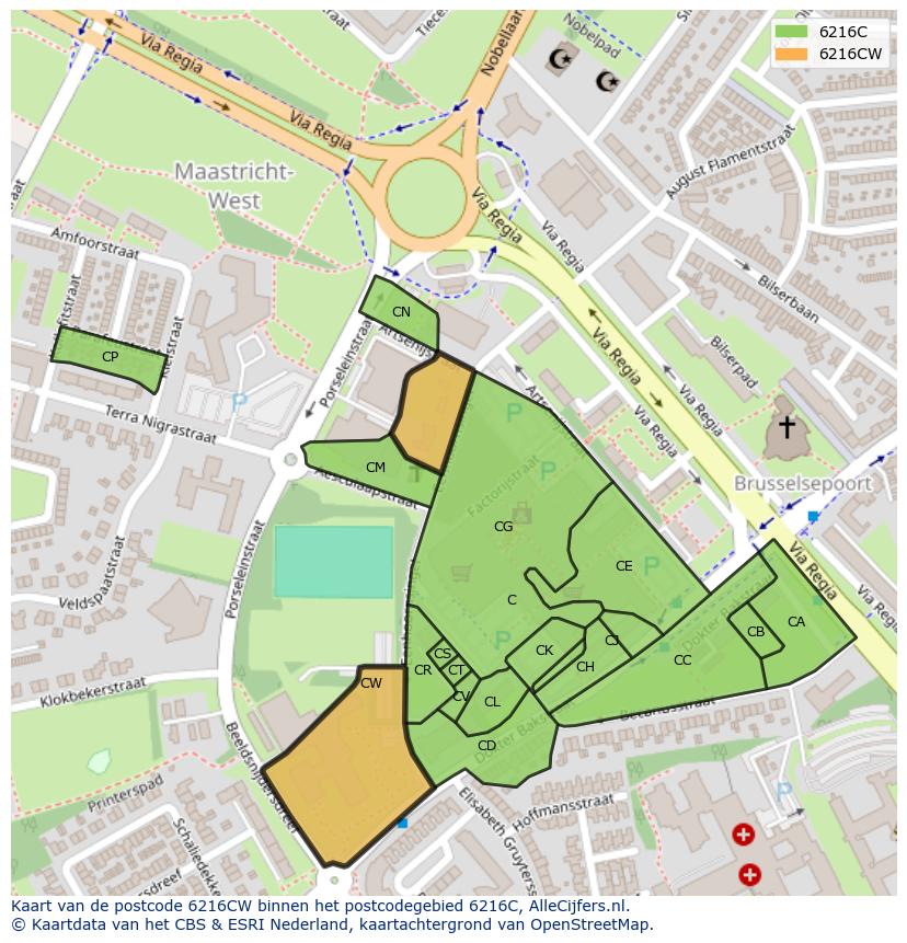 Afbeelding van het postcodegebied 6216 CW op de kaart.