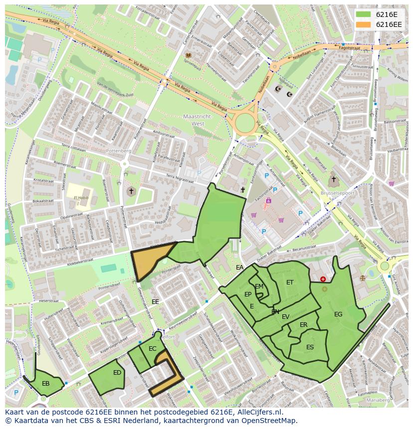 Afbeelding van het postcodegebied 6216 EE op de kaart.