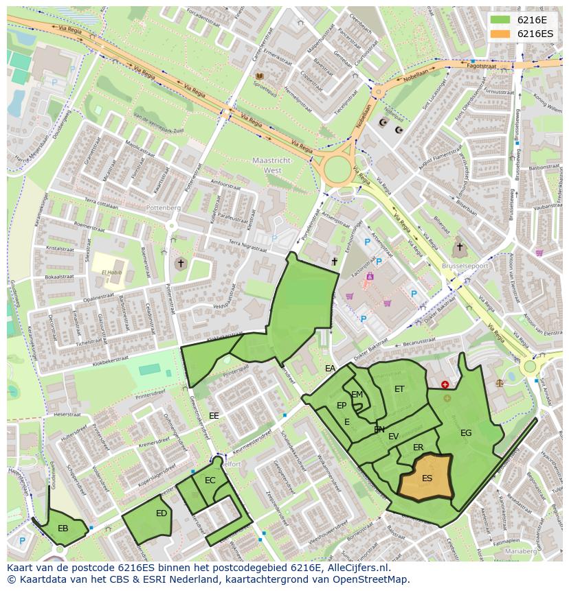 Afbeelding van het postcodegebied 6216 ES op de kaart.