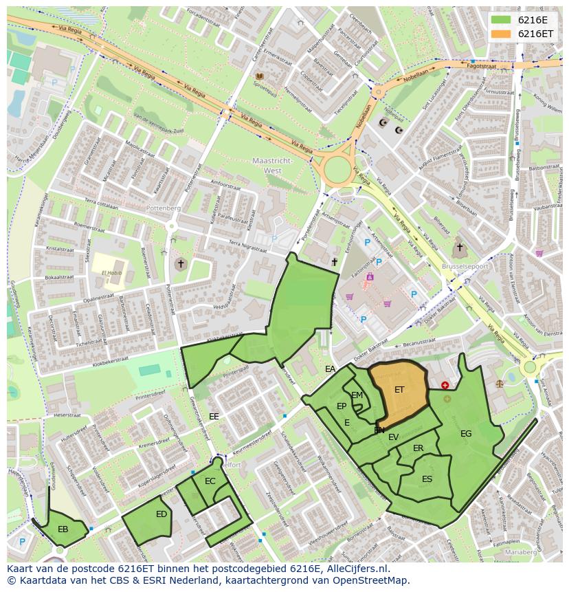 Afbeelding van het postcodegebied 6216 ET op de kaart.