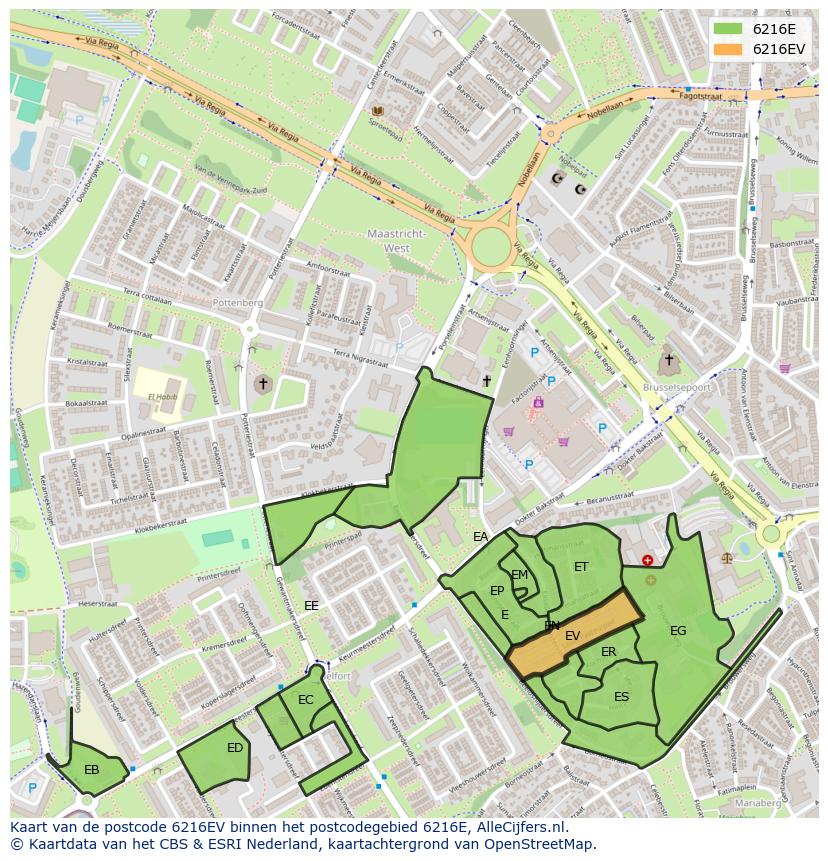 Afbeelding van het postcodegebied 6216 EV op de kaart.