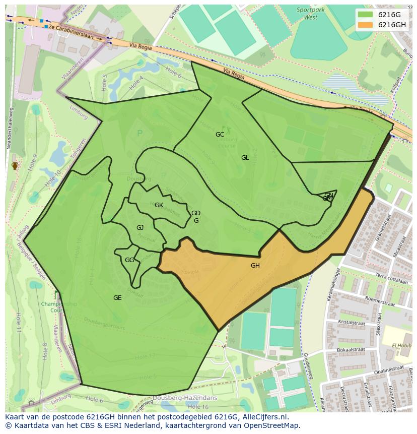 Afbeelding van het postcodegebied 6216 GH op de kaart.