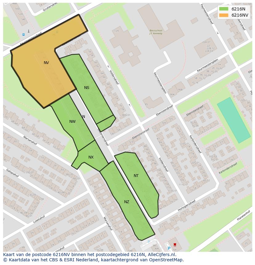 Afbeelding van het postcodegebied 6216 NV op de kaart.