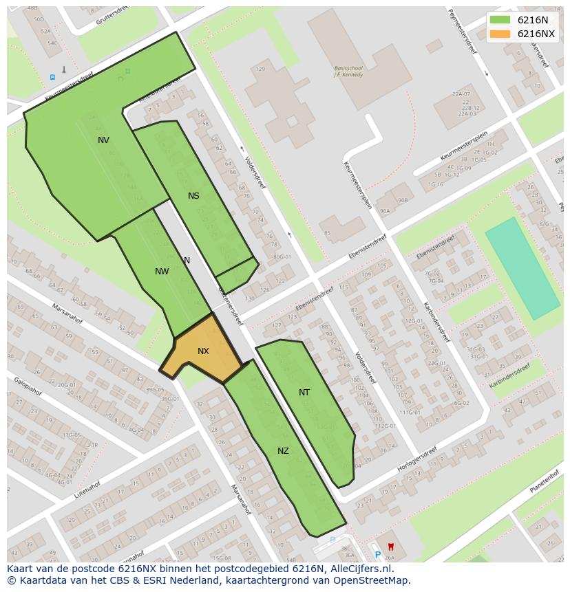 Afbeelding van het postcodegebied 6216 NX op de kaart.