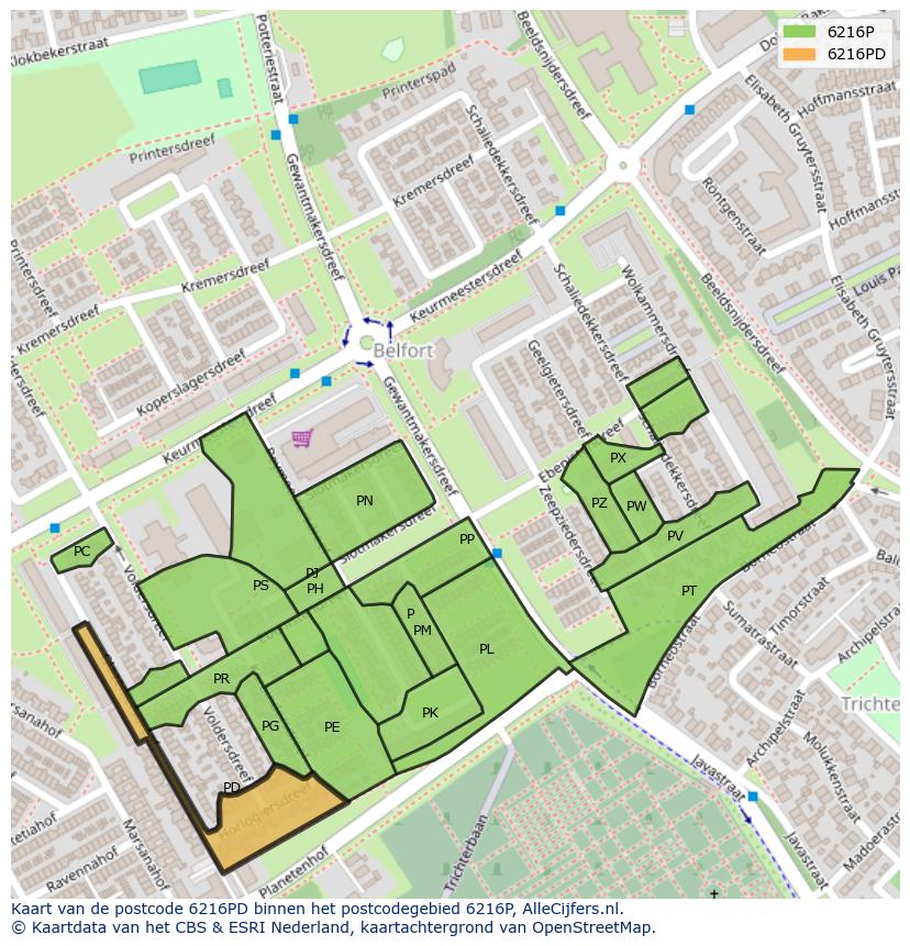 Afbeelding van het postcodegebied 6216 PD op de kaart.