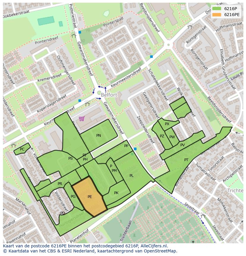 Afbeelding van het postcodegebied 6216 PE op de kaart.
