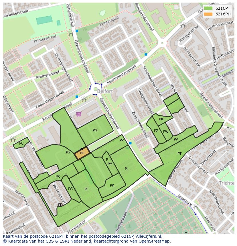 Afbeelding van het postcodegebied 6216 PH op de kaart.