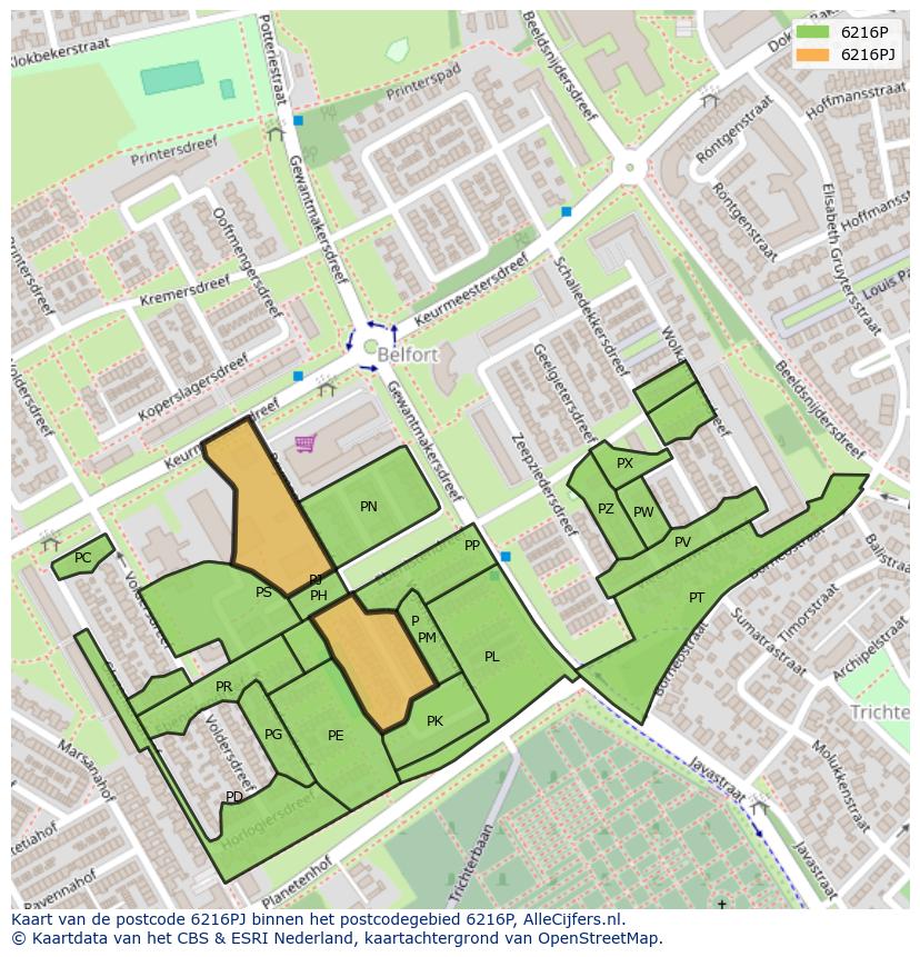 Afbeelding van het postcodegebied 6216 PJ op de kaart.