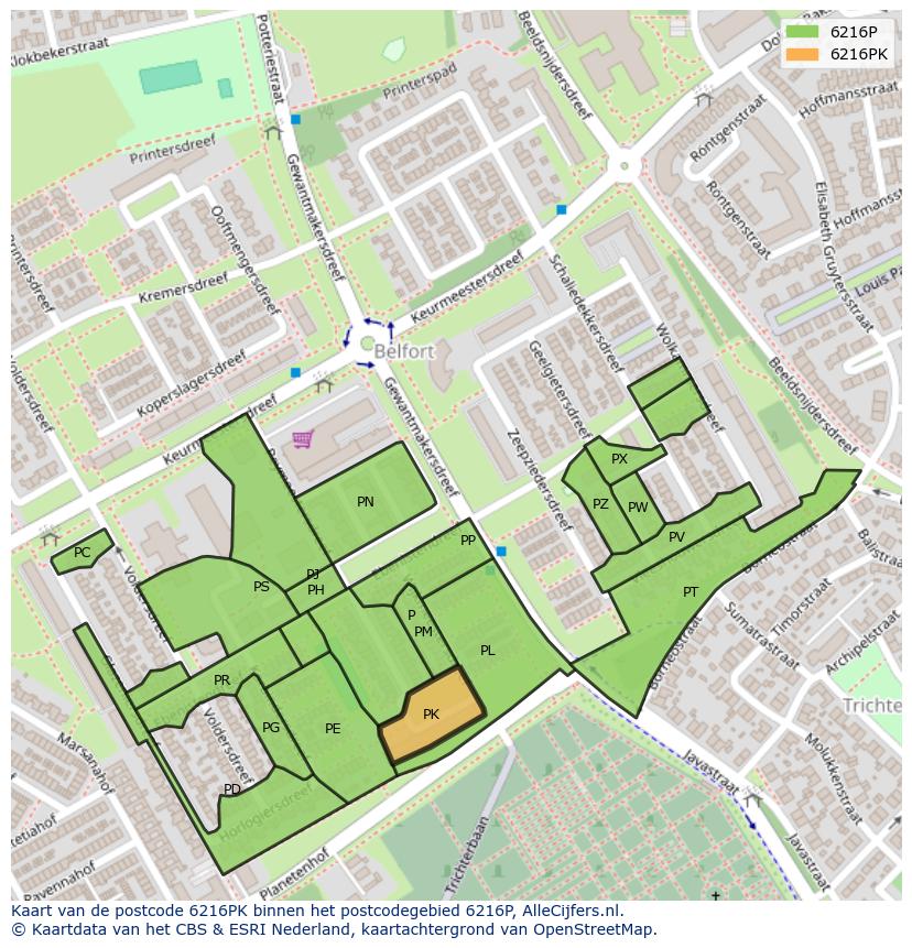 Afbeelding van het postcodegebied 6216 PK op de kaart.