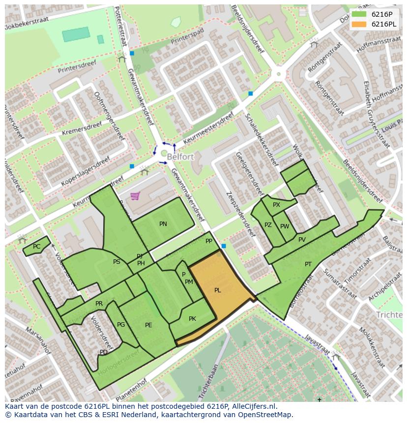 Afbeelding van het postcodegebied 6216 PL op de kaart.