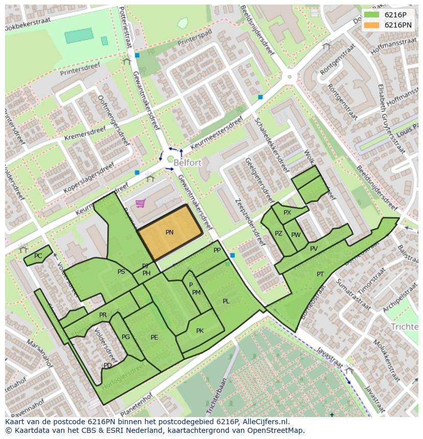 Afbeelding van het postcodegebied 6216 PN op de kaart.