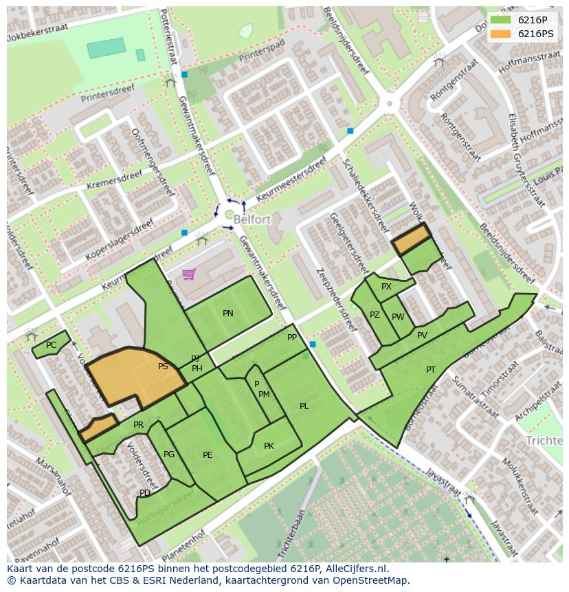 Afbeelding van het postcodegebied 6216 PS op de kaart.