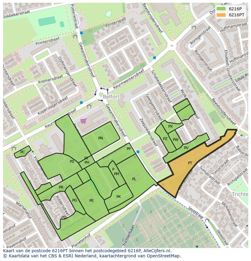 Afbeelding van het postcodegebied 6216 PT op de kaart.