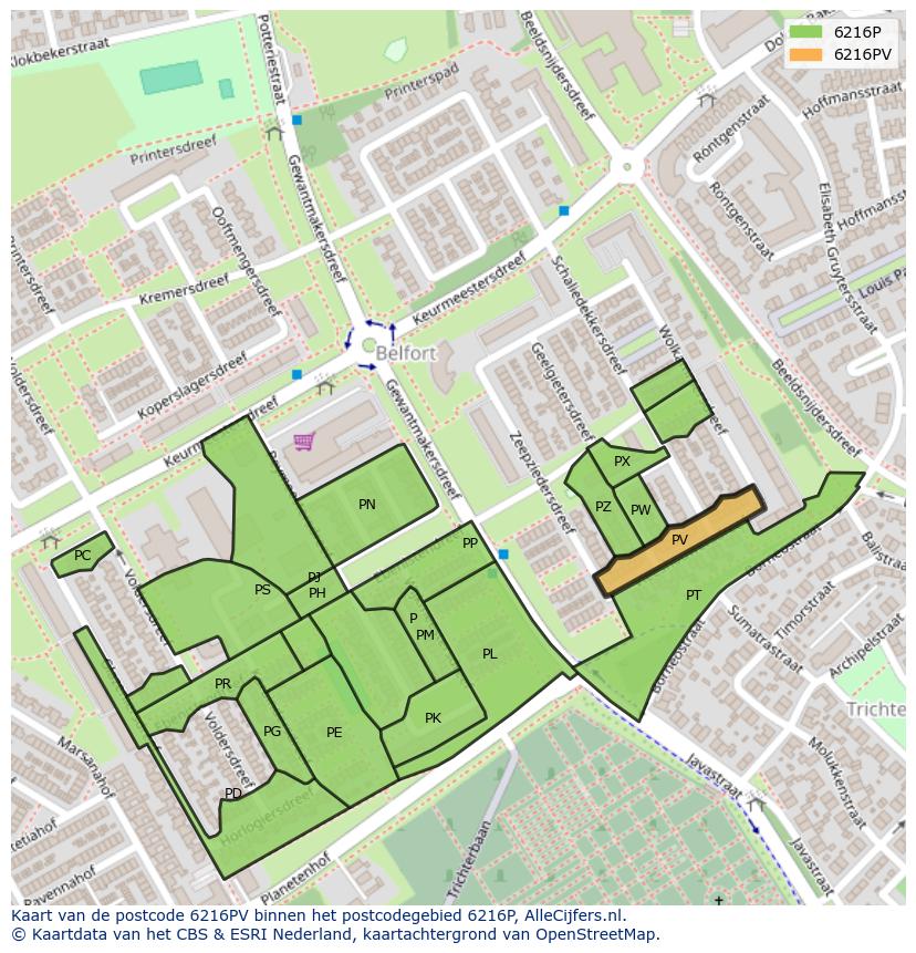 Afbeelding van het postcodegebied 6216 PV op de kaart.
