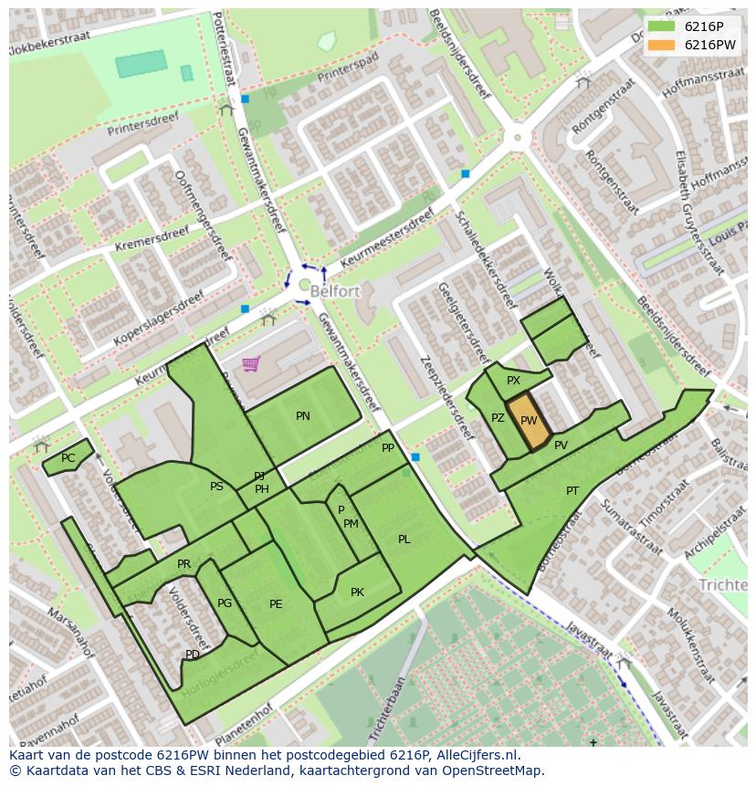 Afbeelding van het postcodegebied 6216 PW op de kaart.