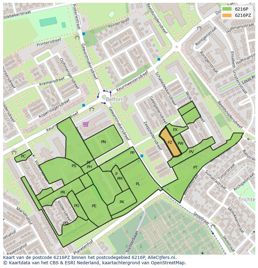 Afbeelding van het postcodegebied 6216 PZ op de kaart.