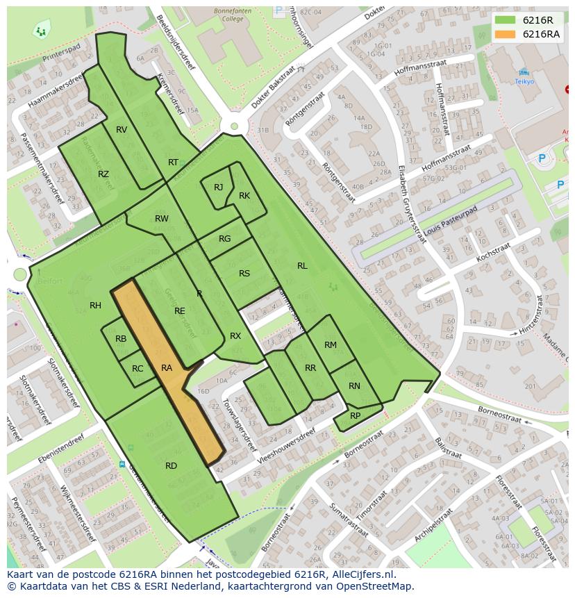 Afbeelding van het postcodegebied 6216 RA op de kaart.