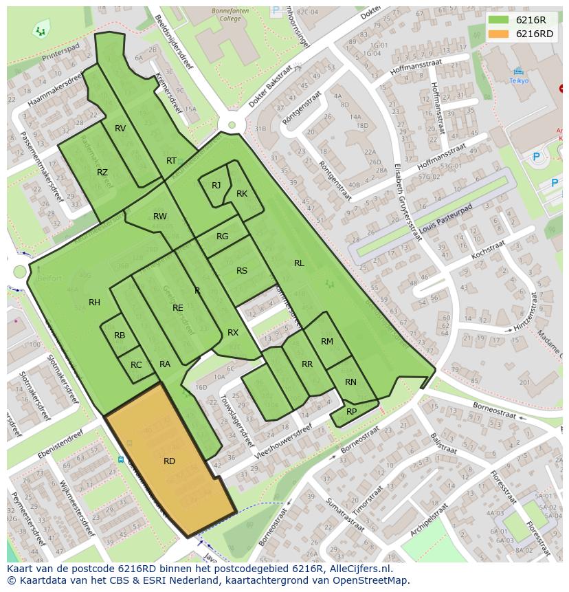 Afbeelding van het postcodegebied 6216 RD op de kaart.