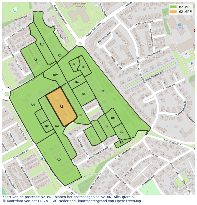 Afbeelding van het postcodegebied 6216 RE op de kaart.