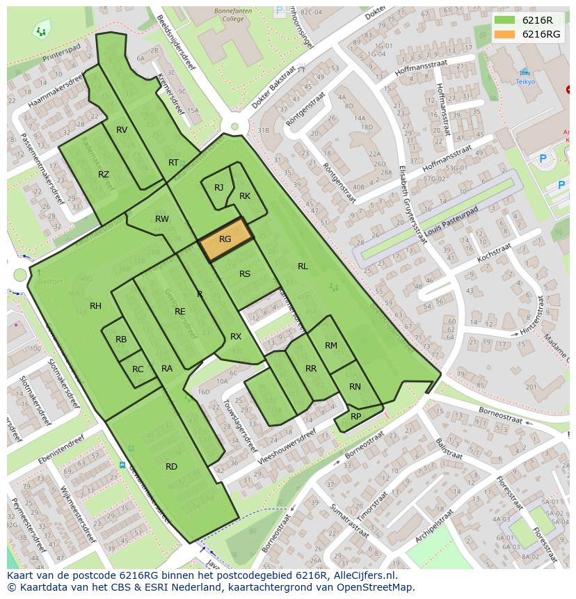 Afbeelding van het postcodegebied 6216 RG op de kaart.
